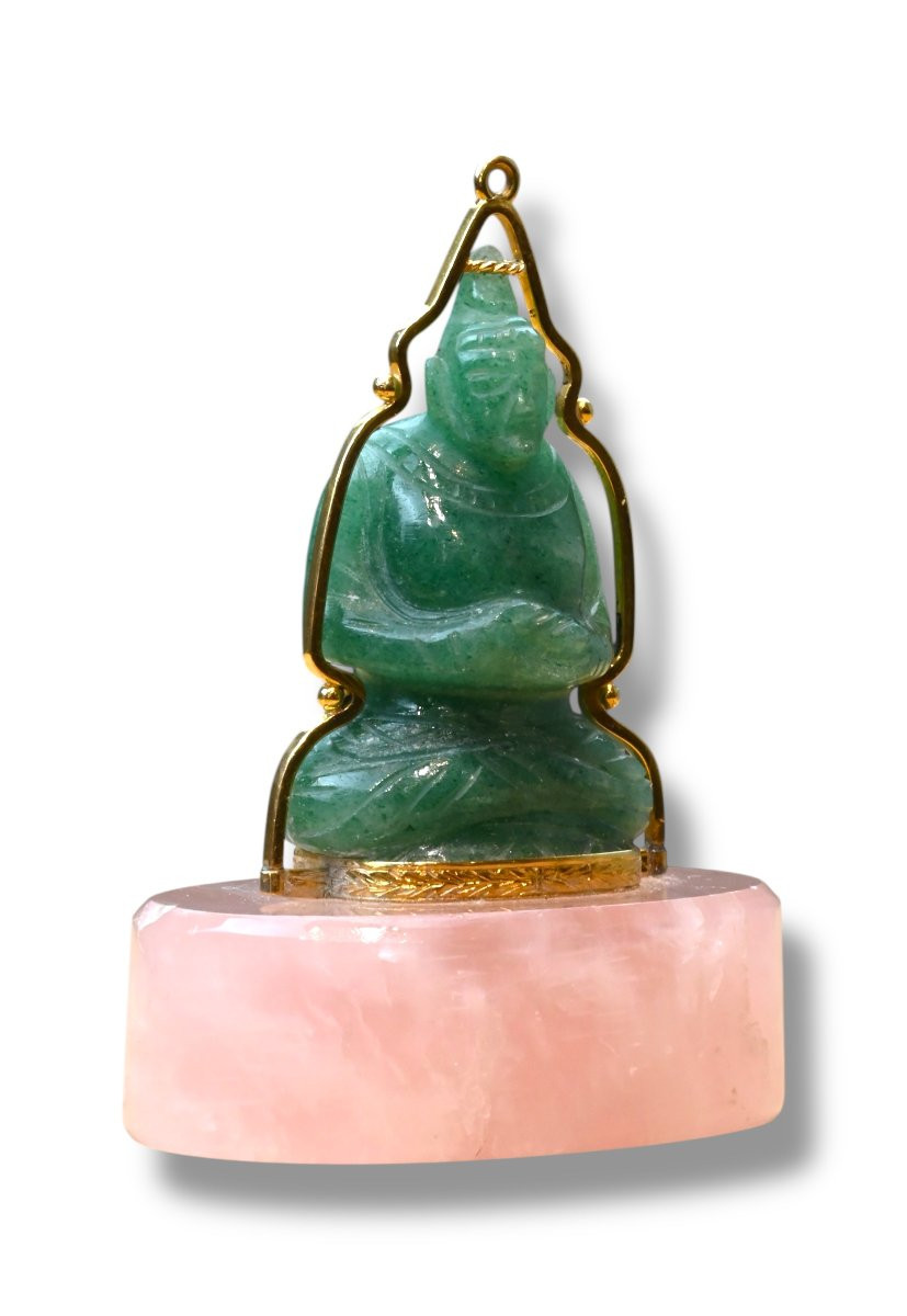 Figura di Buddha in Giada su Base in Quarzo Rosa - XX Secolo-photo-2